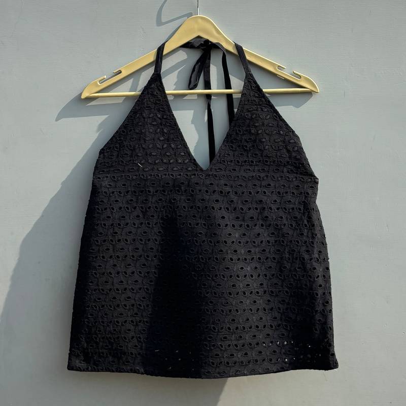 Black-chikan-hakoba-halter-neck-cotton-top-kj0479