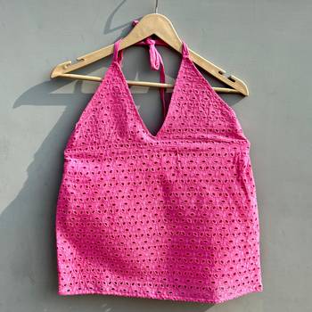 Baby-pink-chikan-hakoba-halter-neck-cotton-top-kj0480 1