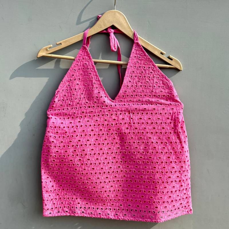 Baby-pink-chikan-hakoba-halter-neck-cotton-top-kj0480