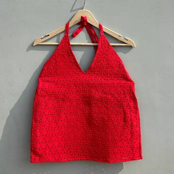 Red-chikan-hakoba-halter-neck-cotton-top-kj0481 1