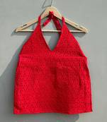 Red-chikan-hakoba-halter-neck-cotton-top-kj0481