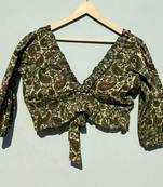 Green-paisley-frill-neck-puff-sleeves-cotton-top-kj0486