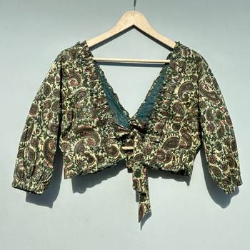 Green-paisley-frill-neck-puff-sleeves-cotton-top-kj0486 2
