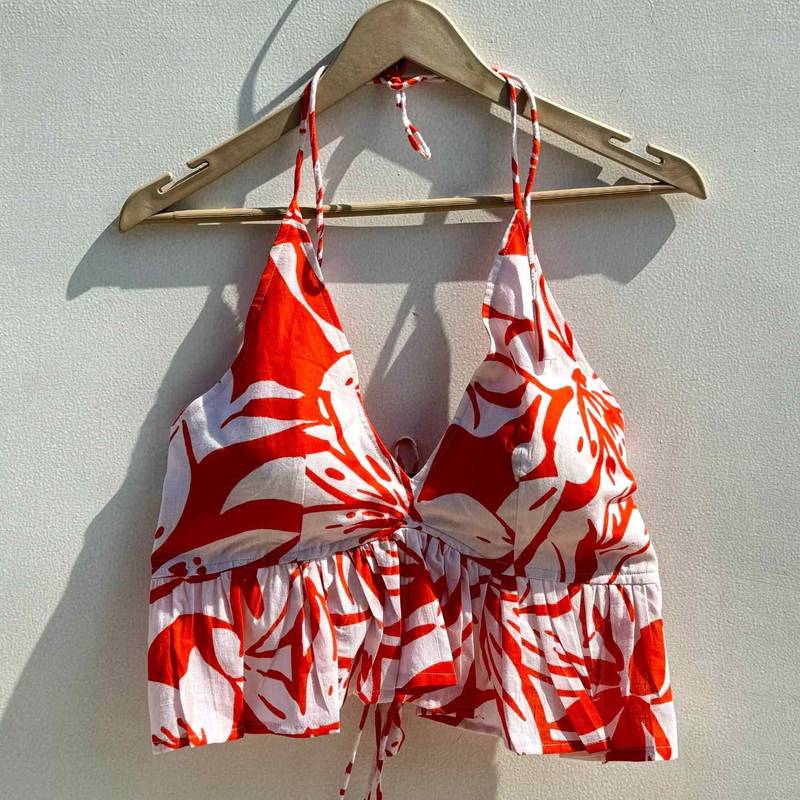 Orange-abstract-floral-frill-cotton-bra-kj0522