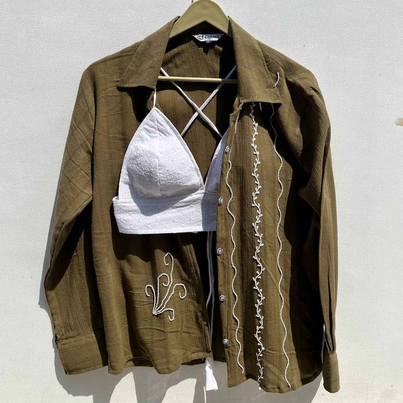 Dusty-green-embroidery-dobby-shirt-white-chikan-bra-combo-kj0534