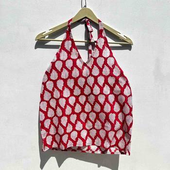 Red-leaf-handblock-halter-neck-cotton-top-kj0572 1