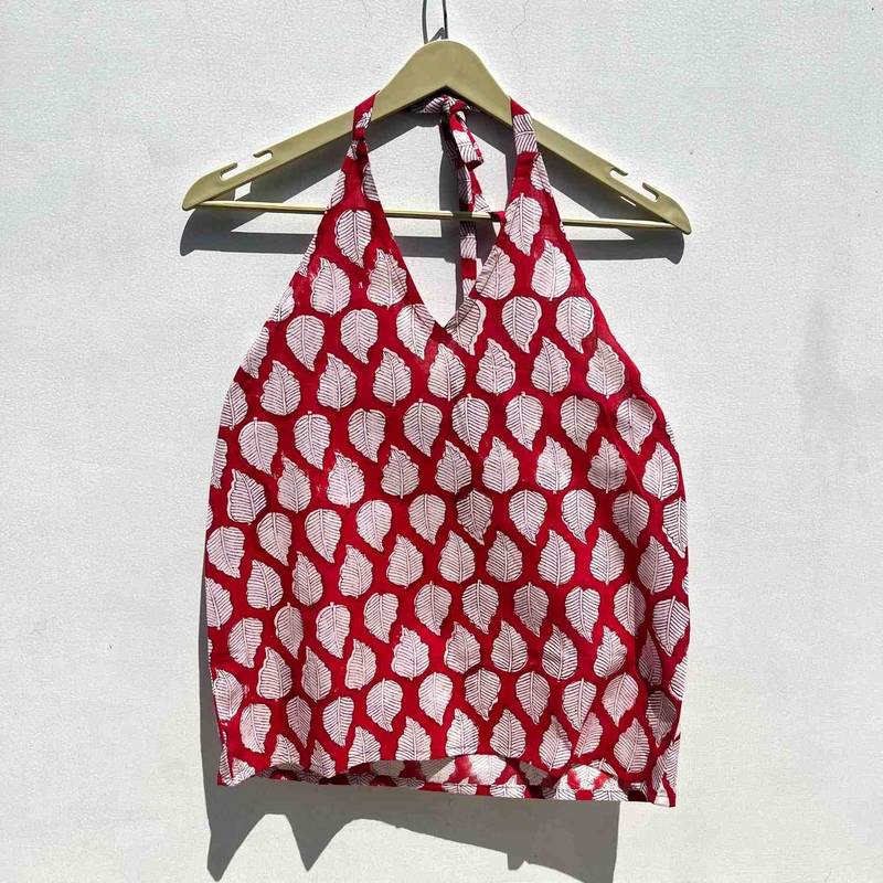 Red-leaf-handblock-halter-neck-cotton-top-kj0572