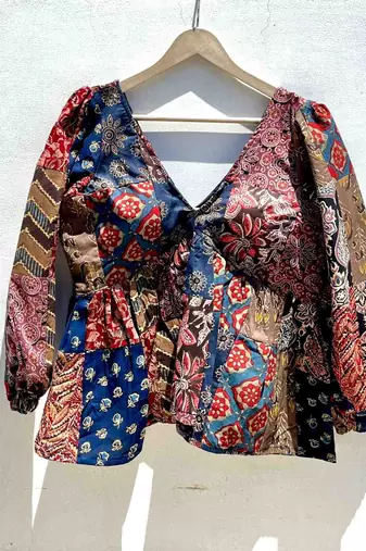 Multicolor-and-brown-bagru-patch-deep-neck-full-puff-sleeves-cotton-top-kj0603