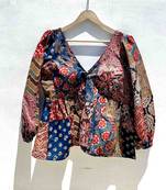 Multicolor-and-brown-bagru-patch-deep-neck-full-puff-sleeves-cotton-top-kj0603