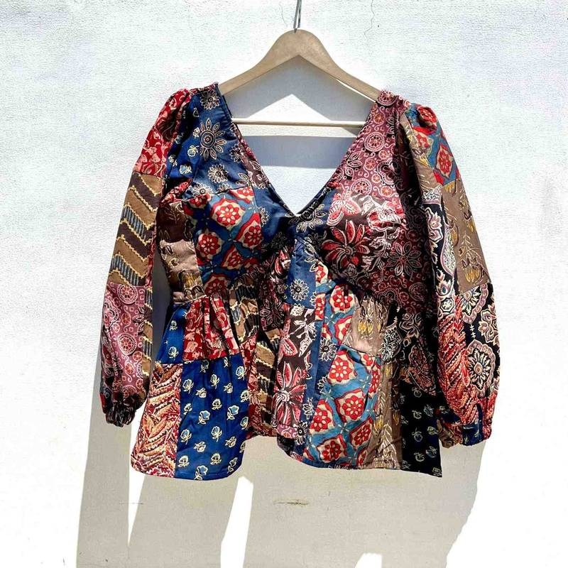 Multicolor-and-brown-bagru-patch-deep-neck-full-puff-sleeves-cotton-top-kj0603