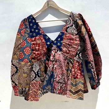 Multicolor-and-brown-bagru-patch-deep-neck-full-puff-sleeves-cotton-top-kj0603 2