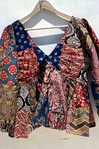 Multicolor-and-brown-bagru-patch-deep-neck-full-puff-sleeves-cotton-top-kj0603