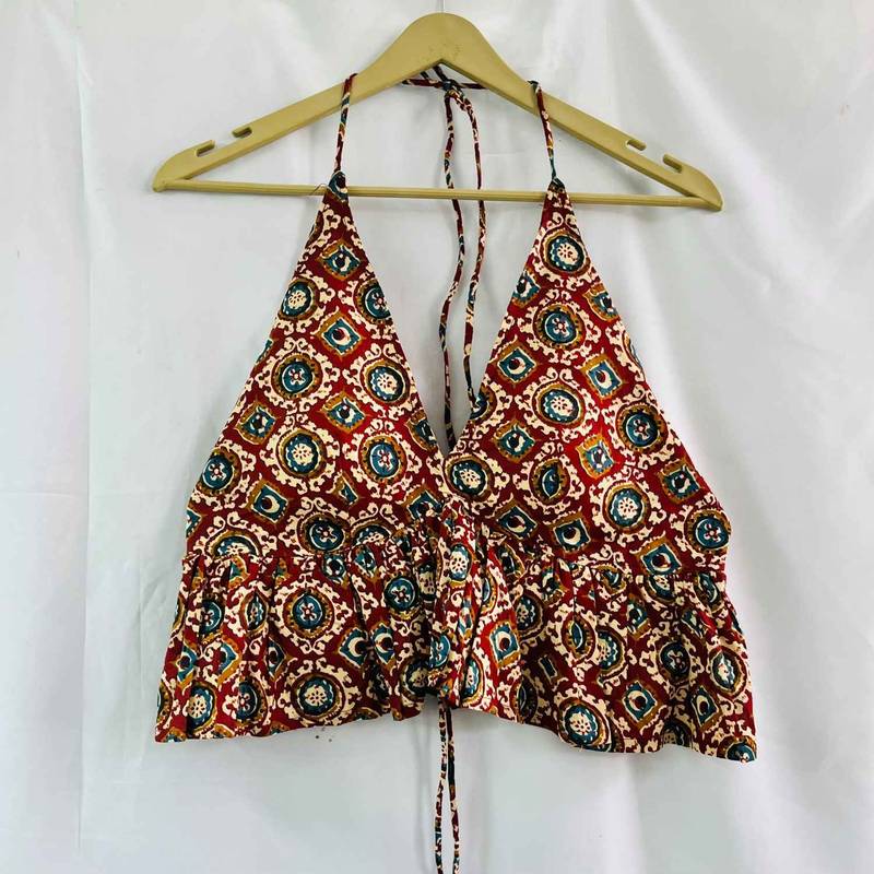Maroon-batik-halter-neck-back-knot-cotton-top-kj0661