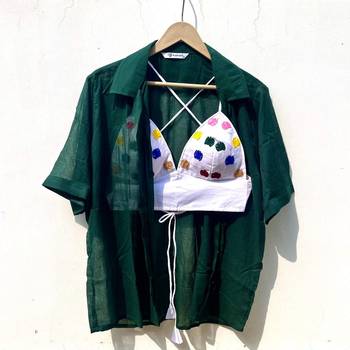 Bottle-green-shirt-handwork-bra-combo-kj0704 1