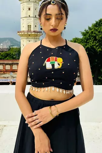 Black-elephant-handwork-criss-cross-top-kj0717