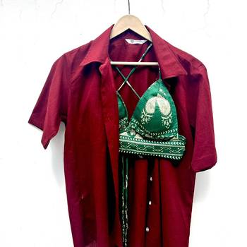 Maroon-shirt-green-floral-bra-combo-kj0733 1