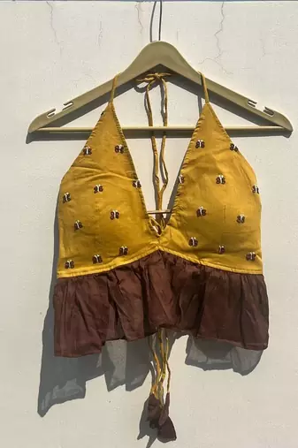 Mustard-brown-thread-handwork-halter-neck-back-knot-top-kj0755
