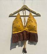 Mustard-brown-thread-handwork-halter-neck-back-knot-top-kj0755