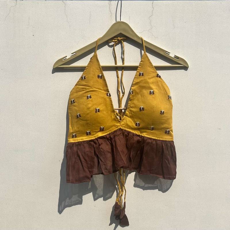 Mustard-brown-thread-handwork-halter-neck-back-knot-top-kj0755
