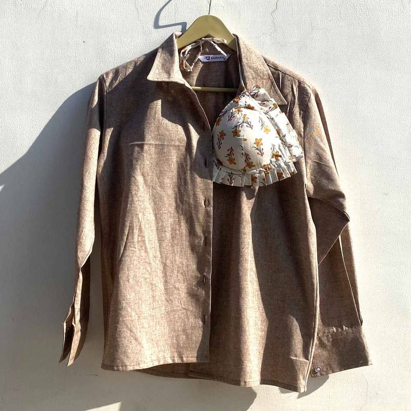 Brown-khadi-shirt-and-white-frill-bra-combo-kj0847