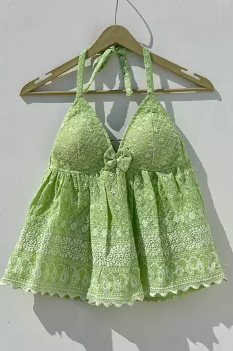 Green-chikan-embroidery-tree-cotton-top-kj0876