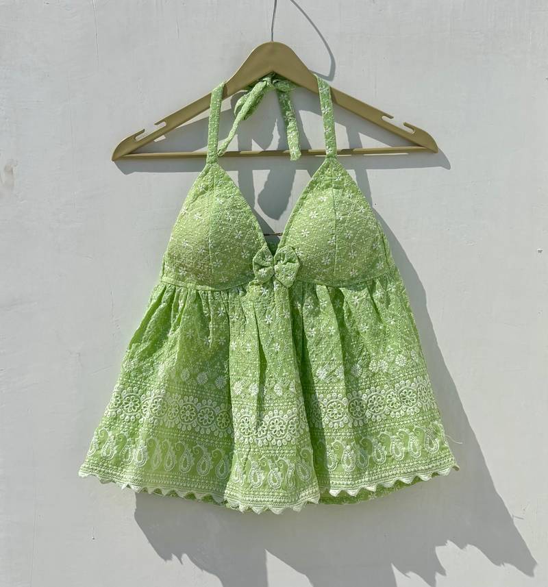 Green-chikan-embroidery-tree-cotton-top-kj0876