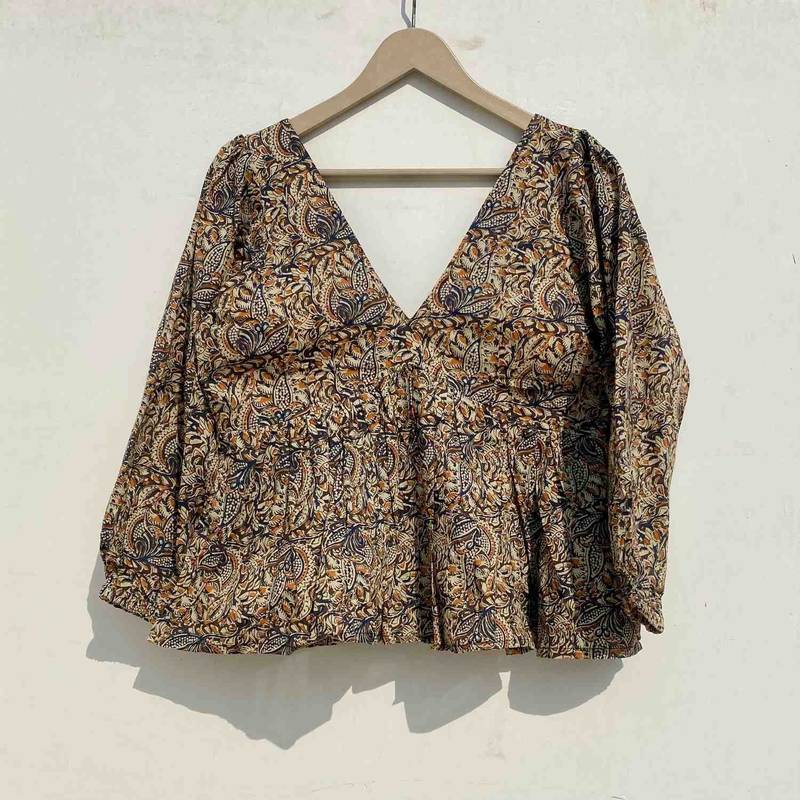 Black-kalamkari-deep-neck-full-puff-sleeves-cotton-top-kj0945