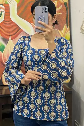 Blue-handblock-side-criss-cross-kurti-top-kj10146