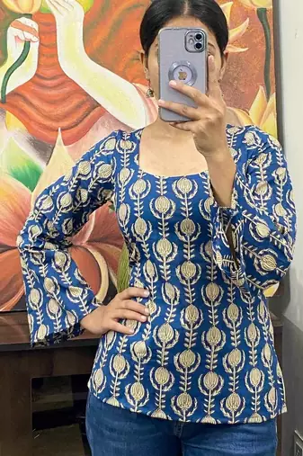 Blue-handblock-side-criss-cross-kurti-top-kj10146
