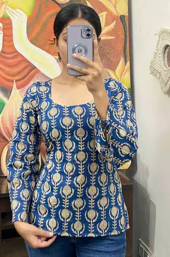 Blue-handblock-side-criss-cross-kurti-top-kj10146