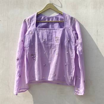 Lavender-plum-sleeves-hand-embroidery-mulmul-with-lining-kurti-top-kj10157 1