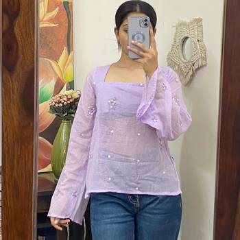 Lavender-plum-sleeves-hand-embroidery-mulmul-with-lining-kurti-top-kj10157 2