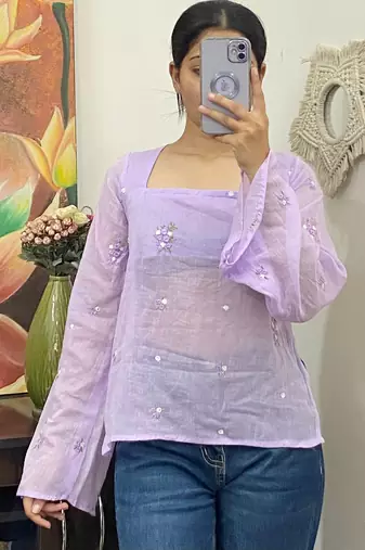 Lavender-plum-sleeves-hand-embroidery-mulmul-with-lining-kurti-top-kj10157