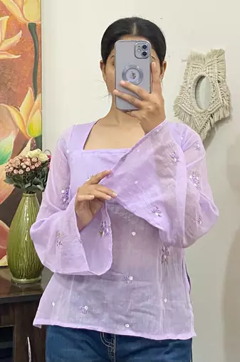 Lavender-plum-sleeves-hand-embroidery-mulmul-with-lining-kurti-top-kj10157