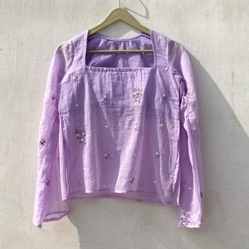 Lavender-plum-sleeves-hand-embroidery-mulmul-with-lining-kurti-top-kj10157 4
