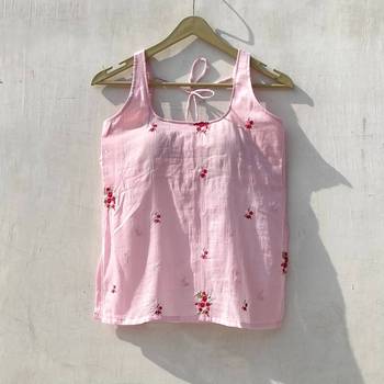 Pink-halter-neck-hand-embroidery-mulmul-with-removable-pads-kurti-top-kj10158 2