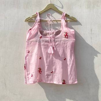 Pink-halter-neck-hand-embroidery-mulmul-with-removable-pads-kurti-top-kj10158 3