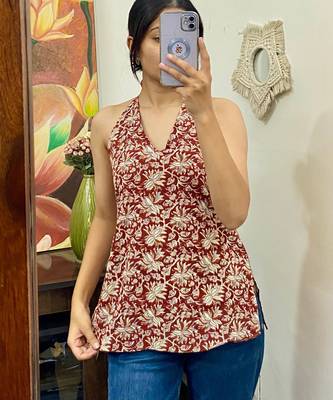 Maroon-kalamkari-halter-neck-with-removable-pads-kurti-top-kj10159 1