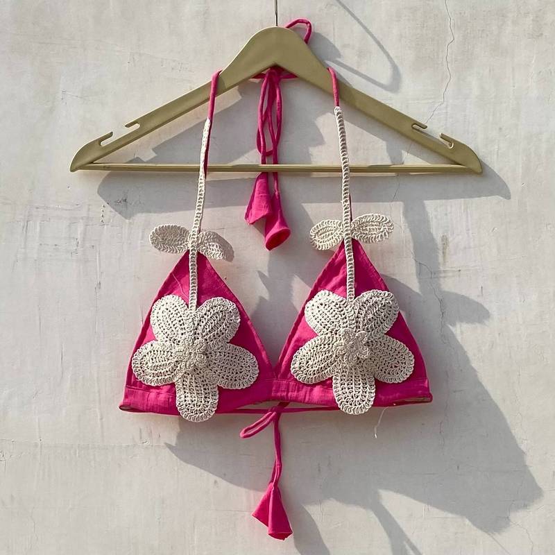 Pink-white-floral-crochet-patch-work-removable-pads-bra-kj10161