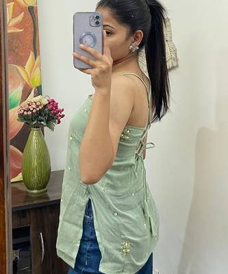Mint-green-criss-cross-hand-embroidery-mulmul-with-lining-kurti-top-kj10172 3