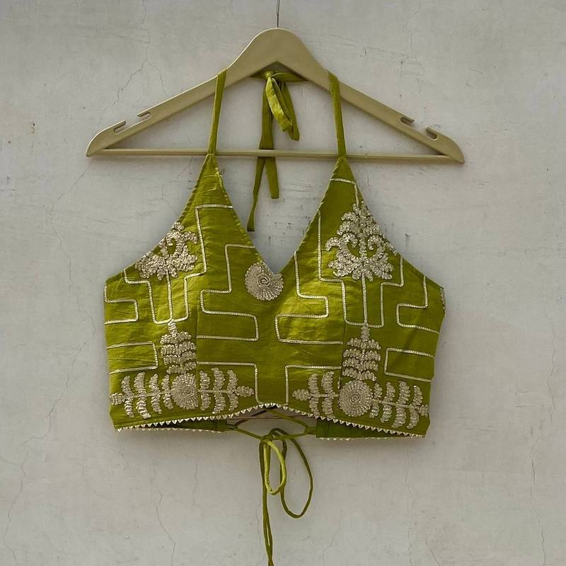Olive-green-gotta-embroidery-halterneck-criss-cross-removable-pads-top-kj10186
