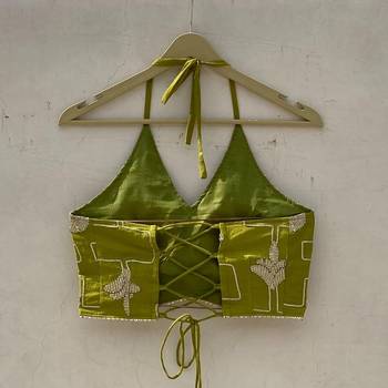 Olive-green-gotta-embroidery-halterneck-criss-cross-removable-pads-top-kj10186 2