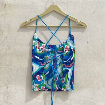 Multi-abstract-paint-criss-cross-back-knot-cotton-removable-pads-denim-top-kj10188 2