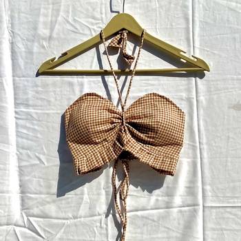 Cream-brown-checks-frill-halter-neck-removable-pads-top-kj10265 1