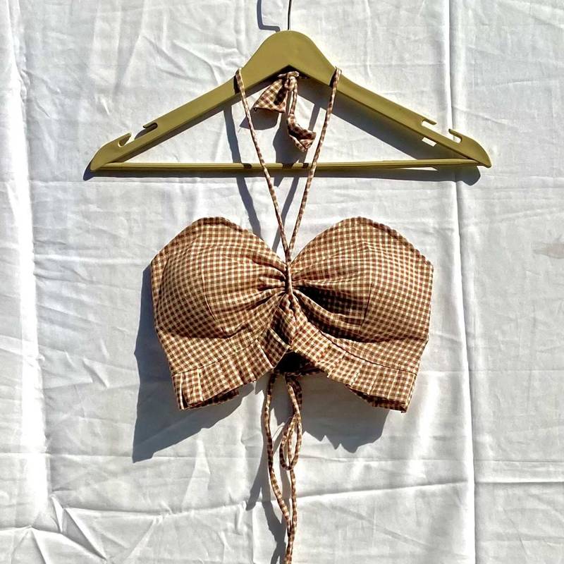 Cream-brown-checks-frill-halter-neck-removable-pads-top-kj10265