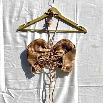 Cream-brown-checks-frill-halter-neck-removable-pads-top-kj10265 2