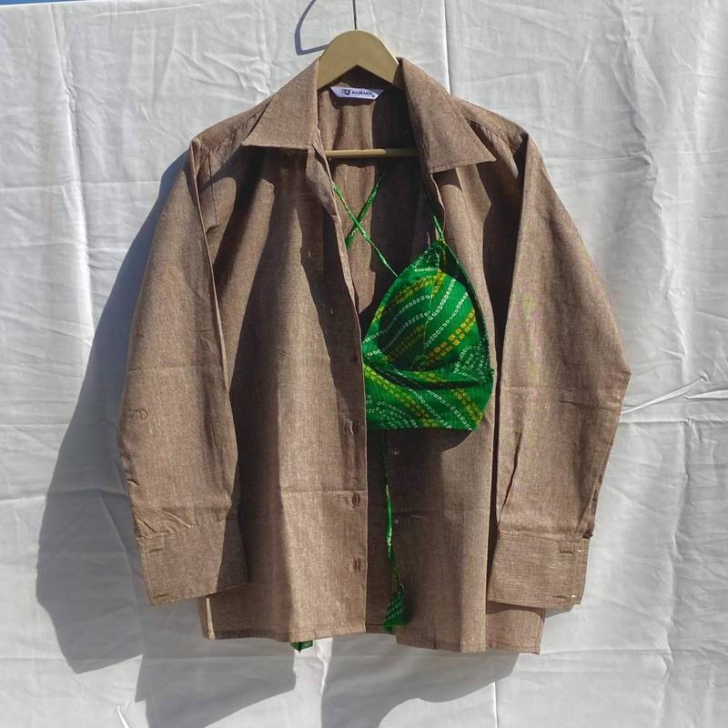 Brown-khadi-shirt-and-green-lehariya-kota-doria-bra-combo-kj10282