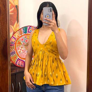 Mustard-ikat-deep-v-neck-cut-sleeves-top-kj10315 1