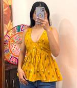 Mustard-ikat-deep-v-neck-cut-sleeves-top-kj10315