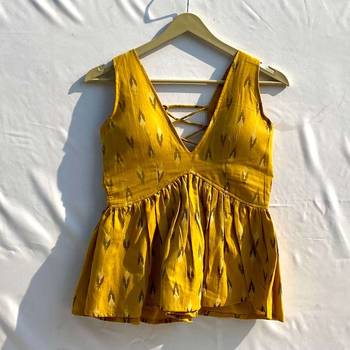 Mustard-ikat-deep-v-neck-cut-sleeves-top-kj10315 2